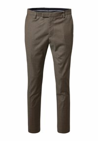 Slanke heren bruine dress trousers met riemlussen, voorzakken en een verborgen ritsopening, weergegeven tegen een witte achtergrond.