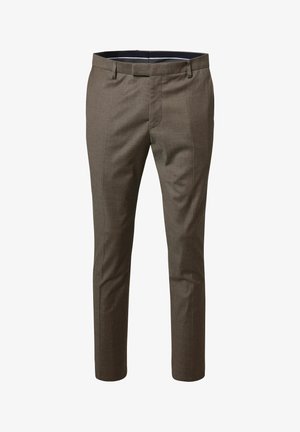 Hochwertige braune Anzughose für Männer im Slim-Fit mit Gürtelschlaufen, vorderen Taschen und einem verborgenen Reißverschluss, vor einem weißen Hintergrund präsentiert.