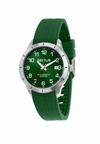 Orologio con cinturino in silicone verde, cassa rotonda in grigio argento, quadrante verde, numeri bianchi e finestra per la data. Impermeabile fino a 50 metri.