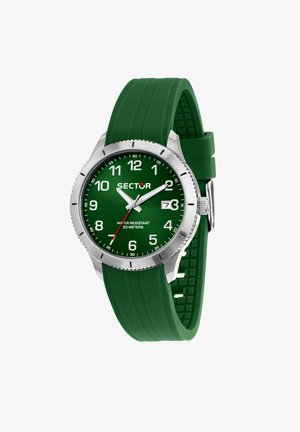 Orologio con cinturino in silicone verde, cassa rotonda in grigio argento, quadrante verde, numeri bianchi e finestra per la data. Impermeabile fino a 50 metri.