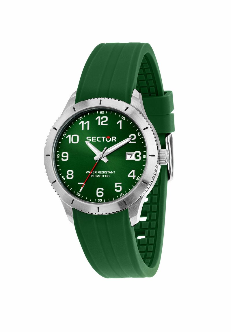 Orologio con cinturino in silicone verde, cassa rotonda in grigio argento, quadrante verde, numeri bianchi e finestra per la data. Impermeabile fino a 50 metri.
