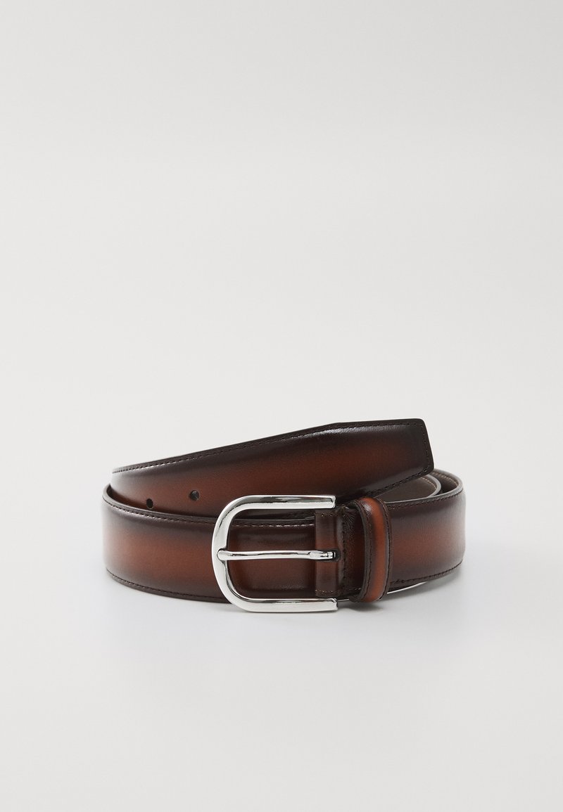 Brown leather belt with a polished silver metal buckle, featuring a smooth texture and multiple adjustment holes along the strap.