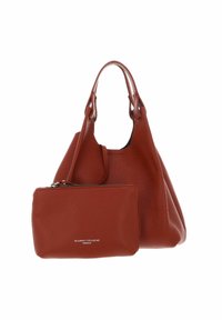 Borsa a mano in pelle rossa con finitura texturizzata, dotata di un compartimento principale e di una piccola borsa con zip attaccata. Le maniglie sono tonde e sicure.