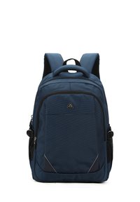 Sac à dos bleu marine en tissu texturé, doté de bretelles rembourrées, d'une poignée supérieure, de plusieurs poches zippées et d'un détail de logo.