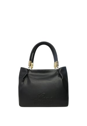 Borsa Moschino Black Love con doppi manici intrecciati e dettagli in metallo dorato, texture in pelle liscia e logo in rilievo sul davanti.