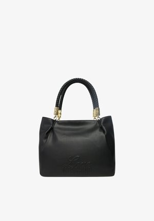 Zwarte Love Moschino handtas met gevlochten dubbele handvatten en hardware in goudkleur, glad leren textuur en geperst logo aan de voorkant.