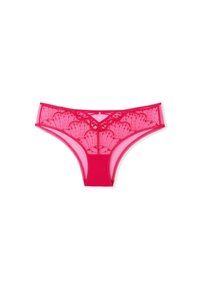 Tanga de encaje rosa con patrón de ondas, que presenta un frontal de malla y parte trasera sólida, adornada con una cinturilla en forma de V y costuras delicadas.