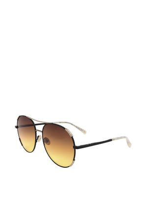 Occhiali da sole stile aviator con montatura in metallo nero e lenti sfumate dal marrone al giallo, inclinate verso destra.