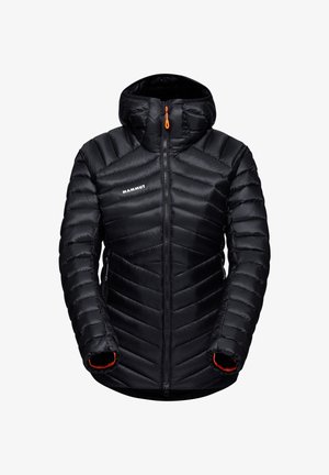 Sort quiltet dunjakke med hætte, frontlynlås, sidelommer og orange lynlåstræk og manchetfor. Mærket "Mammut" på brystet.