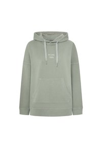 Felpa verde chiaro con tasca frontale, cappuccio con cordino e logo "Pepe Jeans London". Texture morbida e vestibilità comoda.