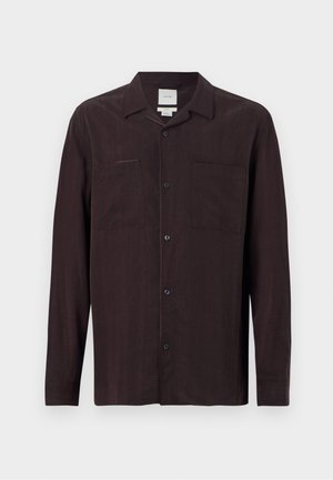 Dunkelbraunes Langarmhemd mit Button-Down-Kragen, zwei Brusttaschen und durchgehender Knopfleiste, gefertigt aus leichtem Stoff.