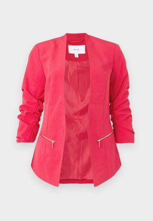 Fuchsia pink blazer with an open front, long ruched sleeves, and two zippered pockets. Made from smooth, lightweight fabric.