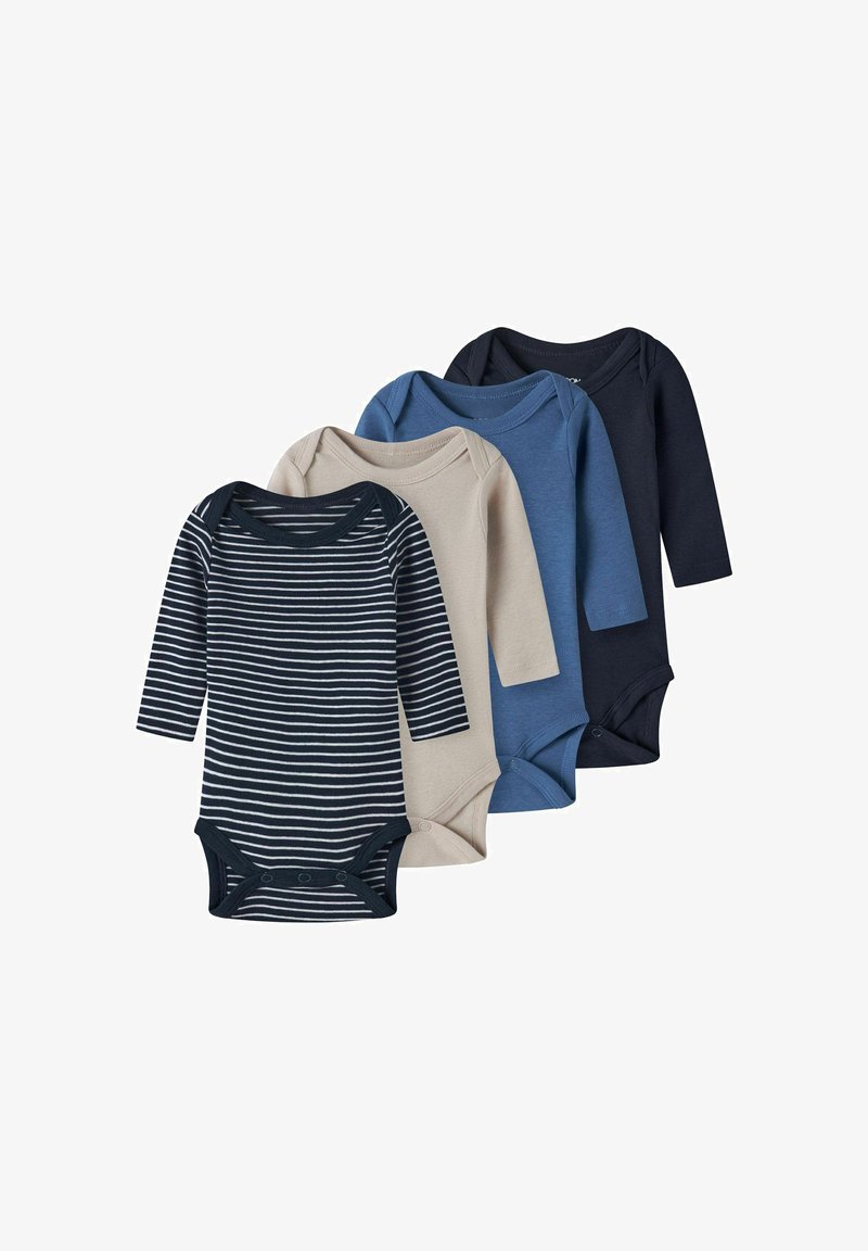 Keturi ilgomis rankovėmis kūdikių bodžiai tamsiai mėlynos, šviesiai mėlynos, smėlio spalvos ir raštuotų dizainų; pagaminti iš minkštos medvilnės su mygtukais.