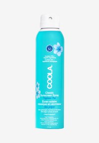 Aerozol w kolorze niebiesko-aqua z białą nakrętką, oznaczony napisem "COOLA Classic Sunscreen Spray", z detalami SPF 50, bez zapachu, 177 mL, z kwiatowymi grafikami.
