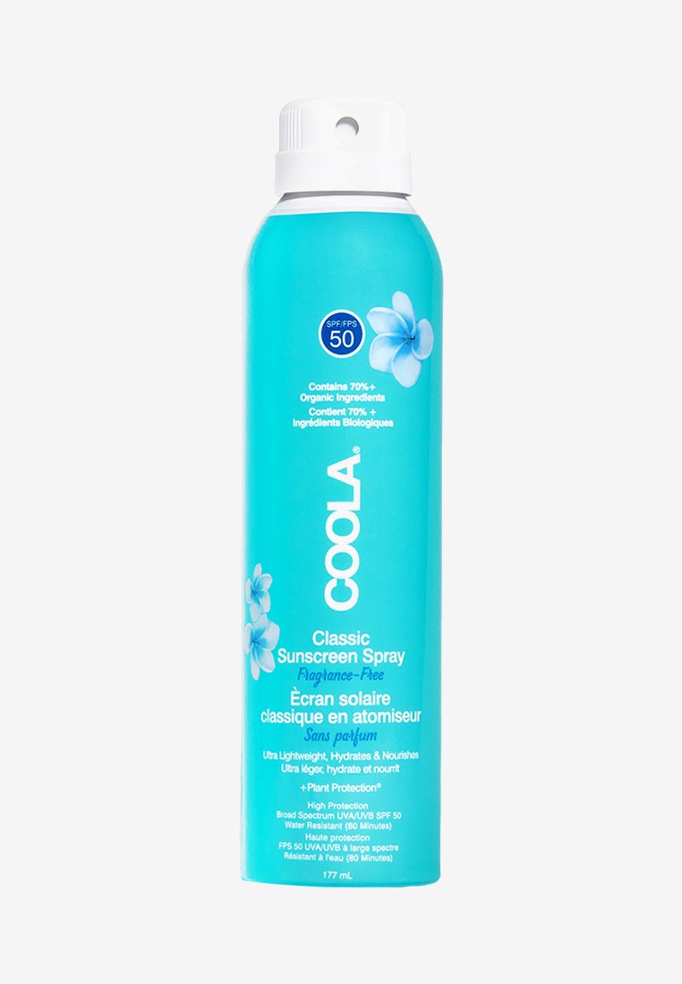 Aerozol w kolorze niebiesko-aqua z białą nakrętką, oznaczony napisem "COOLA Classic Sunscreen Spray", z detalami SPF 50, bez zapachu, 177 mL, z kwiatowymi grafikami.
