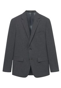 Szary żakiet w stylu casual wykonany z teksturowanej tkaniny, z klapami o prostokątnym kształcie, dwoma przednimi kieszeniami oraz pojedynczym zapięciem na guzik. Widoczna podszewka.