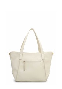 Valkoinen nahkainen olkalaukku, jossa on jämäkkä muoto, kaksi yläkahvaa ja etupuolella vetoketjutasku. Pinnassa kohokuviointi ja kultahtavat metalliosat.