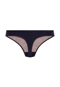 Zwarte bikini-stijl onderbroek met doorschijnende beige gaaspanelen aan de zijkanten op een witte achtergrond.