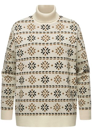Cremefarbener Rollkragenpullover mit braunem und schwarzem Schneeflockenmuster, ausgestattet mit gerippten Bündchen und Saum sowie einer weichen Stricktextur.