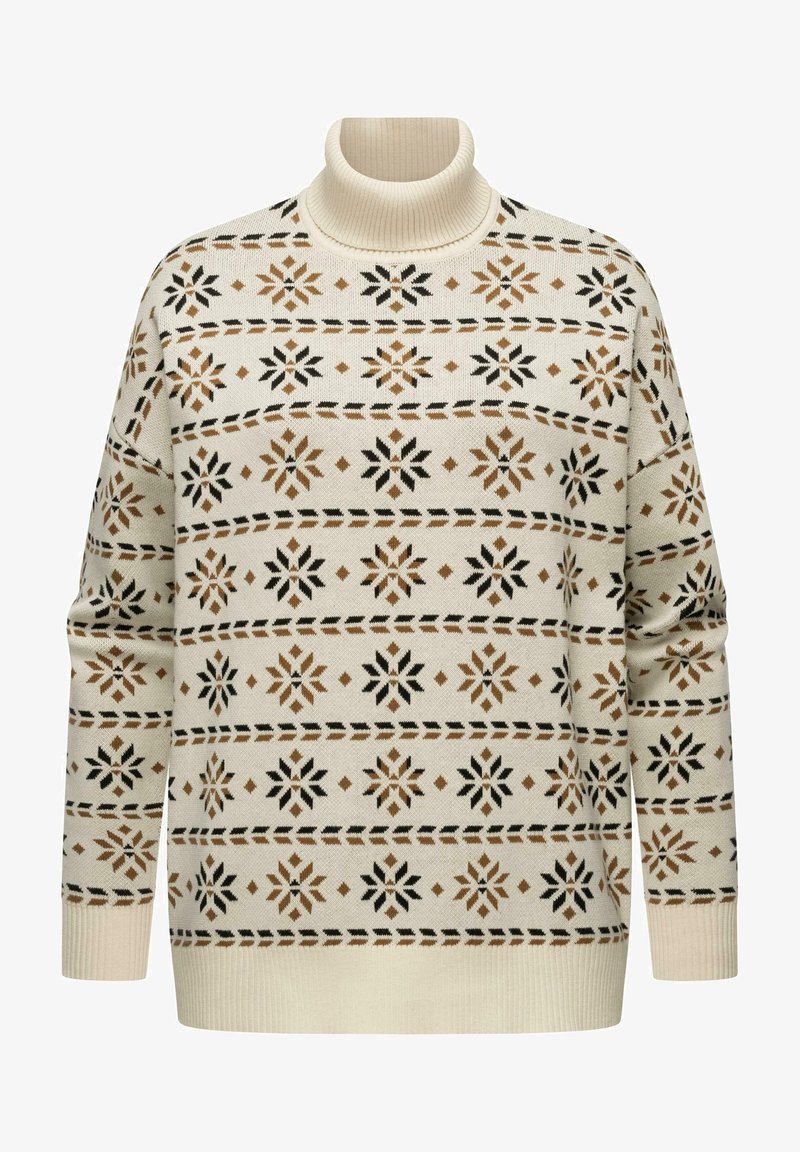 Cream turtleneck sweater with brown and black snowflake pattern, featuring ribbed cuffs and hem, and a soft knitted texture.