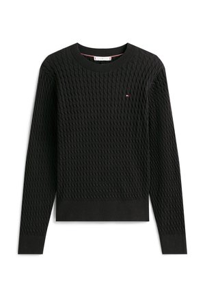 Czarny dzianinowy sweter z fakturowanym wzorem diamentowym, zaokrąglonym dekoltem oraz ściągaczami na rękawach i na dole; posiada małe logo na piersi.