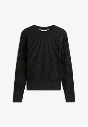 Sort strikket sweater med et tekstureret diamantmønster, rund halsudskæring samt ribstrikkede manchetter og kant; har et lille logo på brystet.