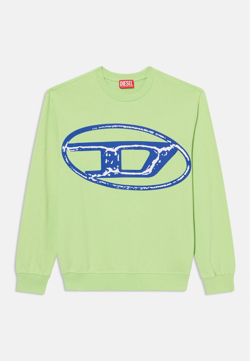 Sweatshirt verde claro com decote redondo, apresentando um grande logótipo oval azul no centro. Manga longa com punhos e bainha canelados.