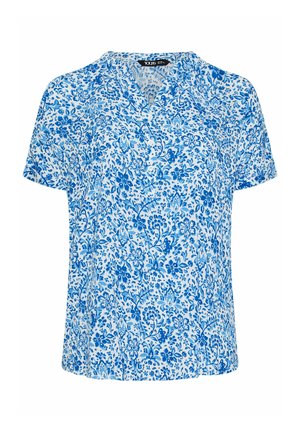 Damesblouse met korte mouwen, blauw-wit bloemenpatroon, V-halskraag en knoopsluiting aan de voorkant.