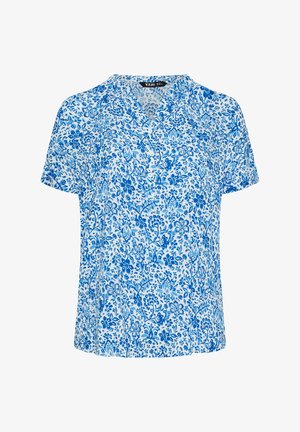 Blusa da donna a maniche corte con motivo floreale blu e bianco, collo a V e chiusura frontale con bottoni.