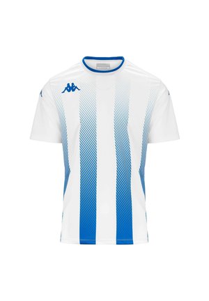 Maglietta sportiva bianca con strisce verticali in sfumatura blu, scollatura rotonda e logo Kappa blu sul lato sinistro del petto e sulle spalle.