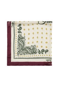 Silke bandana med et paisley-design i grøn og guld på en cremefarvet baggrund, kantet med en maroon kant og diamantmønstre.