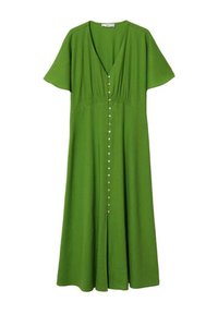 Robe midi verte avec manches courtes, col en V profond, taille froncée et fermeture boutonnée devant, au centre.