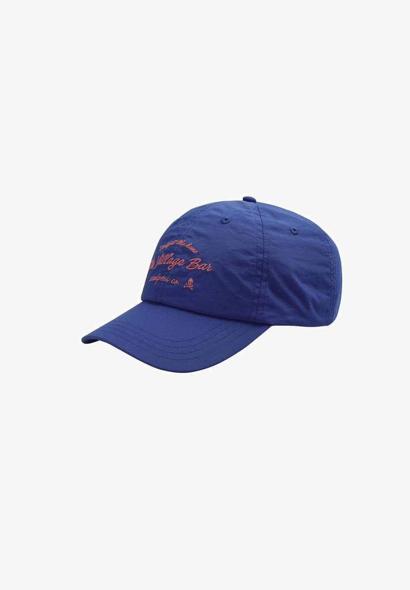 Blue baseball cap with a curved visor, featuring embroidered text in orange reading “The Village Bar” and a logo near the back.