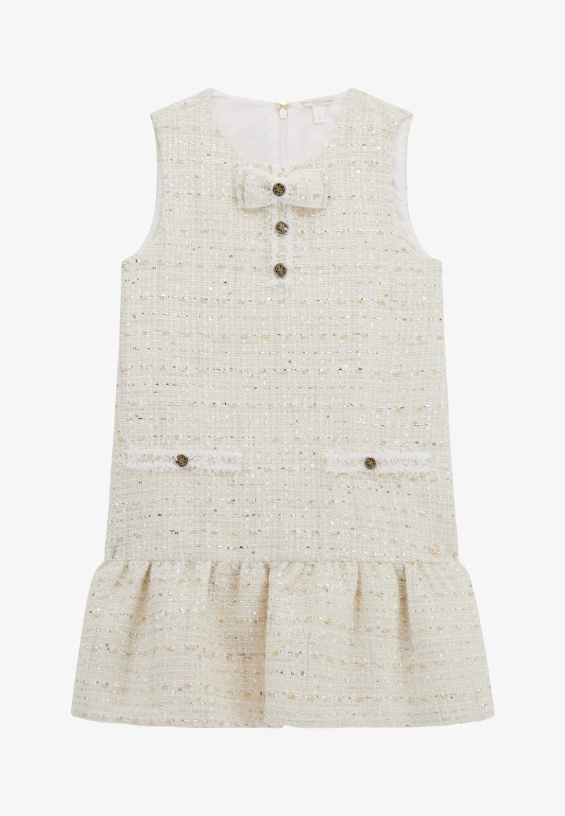 Ärmelloses cremefarbenes Kleid aus strukturiertem gewebtem Stoff, mit Schleifendetail am Ausschnitt, drei Knöpfen, zwei dekorativen Taschen und ausgestelltem Rüschensaum.