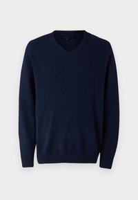 Navyblauwe v-hals trui gemaakt van zacht gebreid materiaal. Heeft ribbelmouwen en -zoom, met een gladde textuur en zonder patronen of hardware.