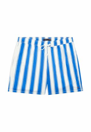 Blauw-witte zwemshort met verticale strepen, voorzien van een elastische tailleband en een witte trekkoord, met een klein logo bij de zoom.