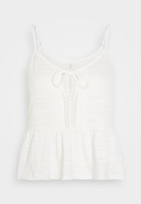 Top peplum blanc avec des bretelles fines, tissu texturé, détail de lien à l'avant et insert en dentelle au centre. Design simple, sans motifs.