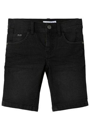 Czarne krótkie spodenki jeansowe z zapięciem na guziki z przodu, szlufkami na pasek i przednimi kieszeniami, prezentowane na płasko na białym tle.