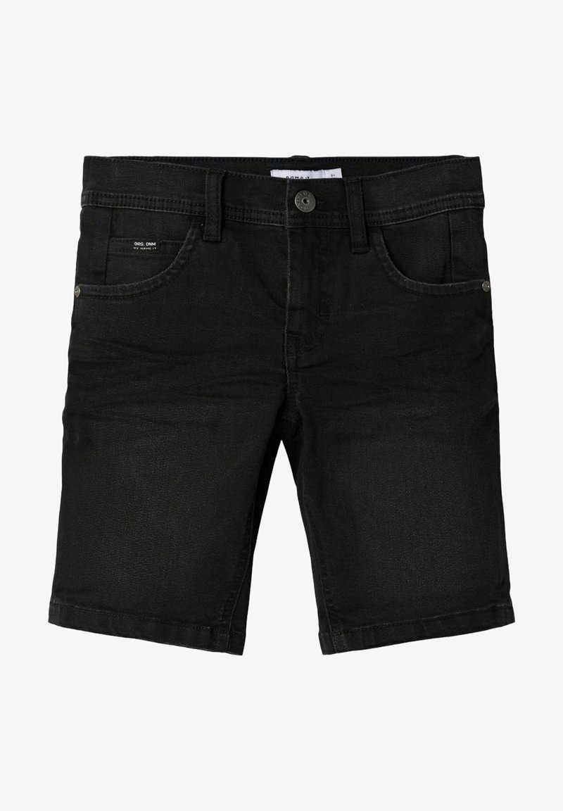 Shorts en denim noir avec fermeture avant à boutons, passants pour ceinture et poches avant, présentés à plat sur un fond blanc.