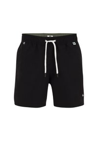 Schwarze Badeshorts mit elastischem Bund, weißem Kordelzug, Seitentaschen und kleinem Logo am linken Bein. Glatte Textur.