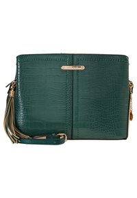 Borsa a tracolla verde in pelle con stampa coccodrillo e hardware dorato, dotata di un piumino removibile e tracolla regolabile.