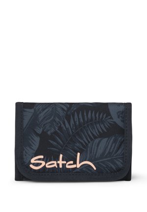 Compact black fabric wallet with dark leaf patterns and "Satch" logo in light pink on front flap, folded and edged with black trim.