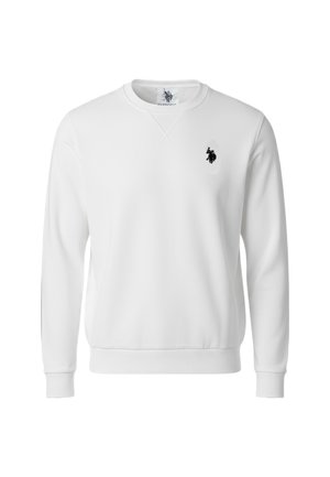 Felpa bianca in tessuto morbido, con scollo rotondo, maniche lunghe e piccolo logo nero sul petto. Tessuto liscio, design semplice.