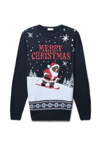 Maglione natalizio navy con un orso che scia in un vestito da Babbo Natale, fiocchi di neve bianchi e testo "BUON NATALE" in rosso. Motivo a maglia lungo l'orlo.