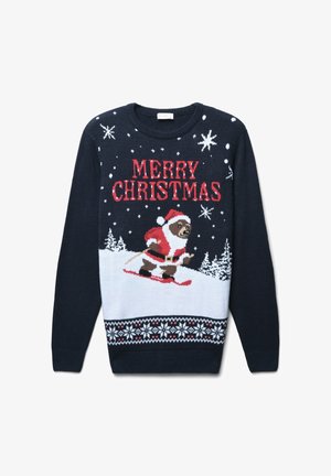Maglione natalizio navy con un orso che scia in un vestito da Babbo Natale, fiocchi di neve bianchi e testo "BUON NATALE" in rosso. Motivo a maglia lungo l'orlo.