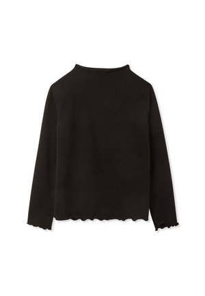 Maglione nero lavorato a maglia con maniche lunghe, caratterizzato da un orlo dritto e bordi ondulati sui polsini e sulla parte inferiore, che presenta una texture liscia.