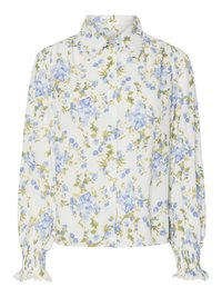 Blommig blus med vit bas, som har blå och gröna blommor. Krage design med knäppning framtill och volangärmar. Långa ärmar.