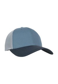 Blå baseballcaps med solid front, mørk brem og grå mesh bak. Har en rund krone og sydd detaljer på bremmen.