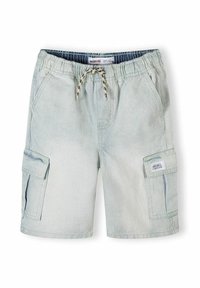 Shorts cargo bleu clair avec taille élastique, cordon de serrage, poches à rabat latérales et une étiquette sur la poche droite.