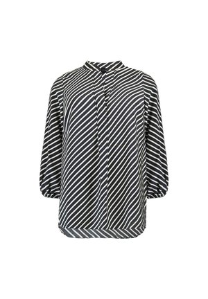 Zwart-wit diagonaal gestreepte blouse met lange mouwen, een klein rechtstaand kraagje en elastische manchetten aan de mouwen.